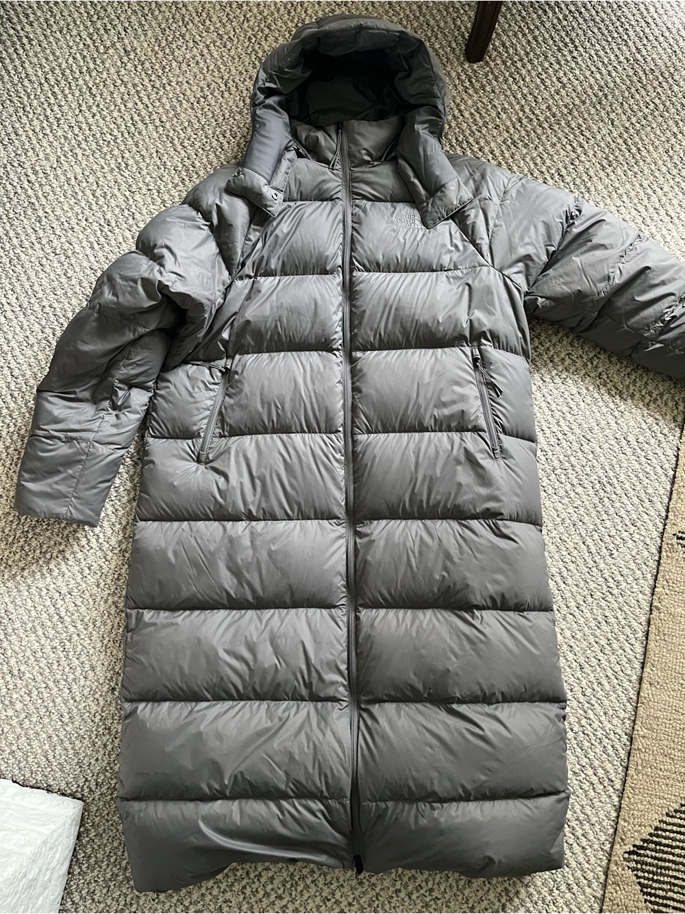 The North Face Women's Long Gray Puffer Coat with Hood